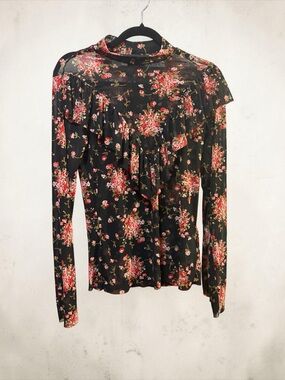 Y.A.S. Black floral mesh ruffle  Long-Sleeve Top - Black with Pink Floral size L
